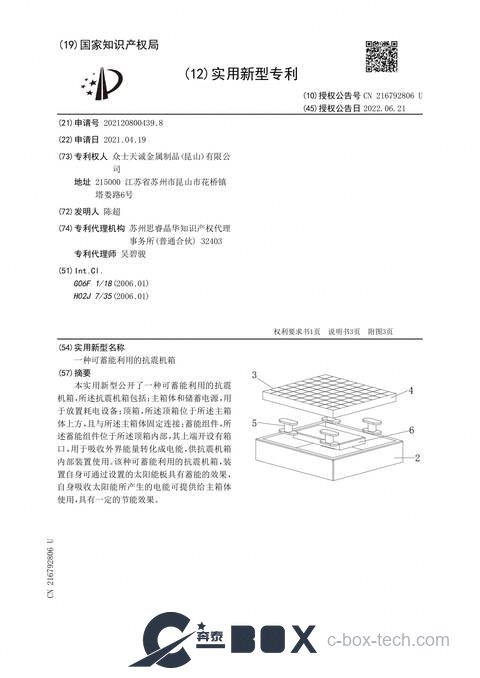 Patent certificate - Shock-Resistant Chassis with Energy Storage (CN202120800439.8)
