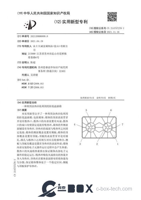 Patent certificate - Low-Temperature-Resistant Subrack with Waste-Heat Recovery (CN202120800899.0)