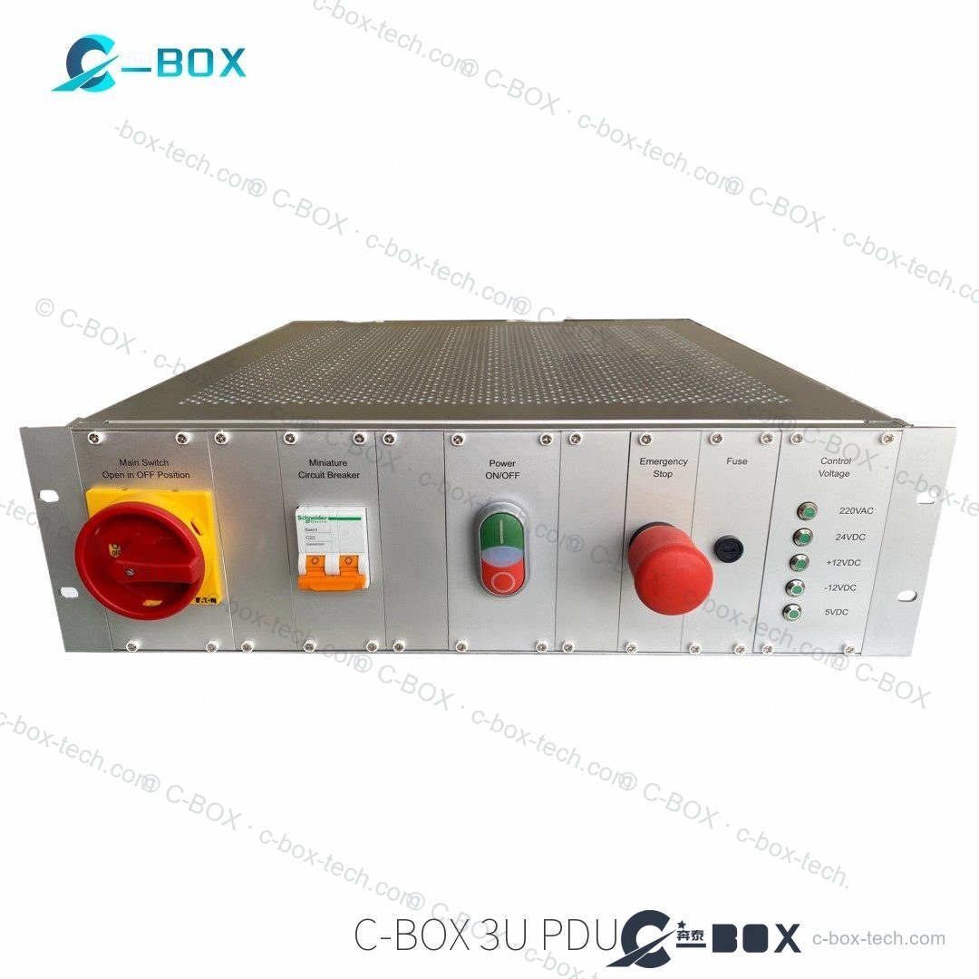C-BOX 3U rack PDU, finned aluminium chassis with load switch, dual circuit breaker, emergency stop and nine 220 VAC outlets